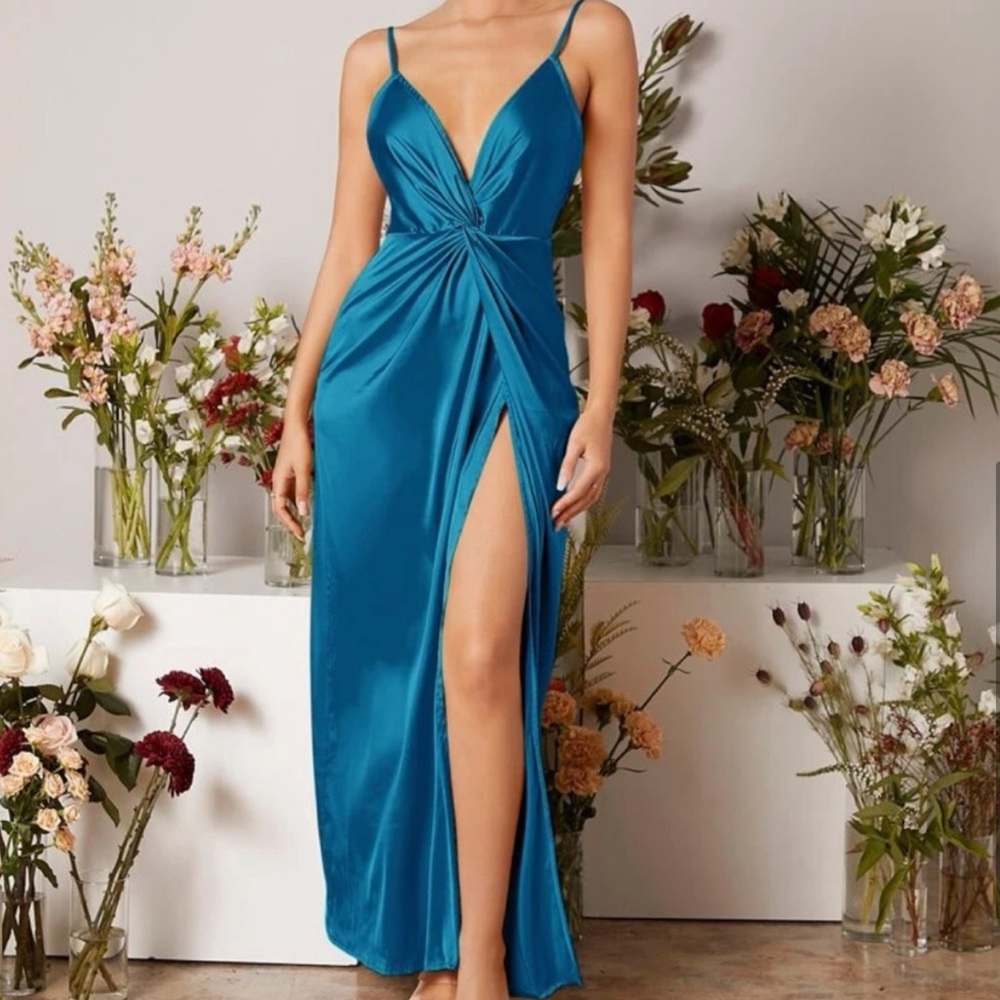 Teal Blue Satin Twist Front Cami Maxi Dress Sz XL (12) New - Picture 5 of 5